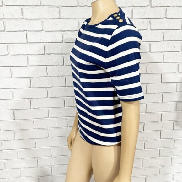 J.Crew Perfect-fit elbow-sleeve T-shirt in stripe with gold buttons - Size Large - Picture 10 of 11